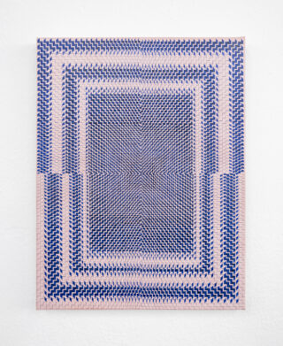 Geometric artwork composed of densely arranged blue zigzag lines forming a shimmering rectangular pattern.