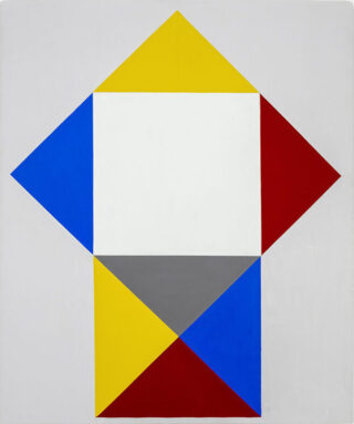 Abstract composition of colored geometric shapes with a white square in the center surrounded by yellow, blue, red, and gray triangles.
