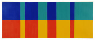 Abstract painting with vertical and horizontal rectangles in blue, green, red, yellow, and orange.