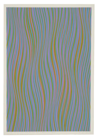 Vertically arranged, wavy lines in green, blue, pink, and white on a light background.