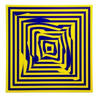 A yellow-and-purple line drawing of a labyrinth-like square pattern with concentric lines and a small purple square in the center.