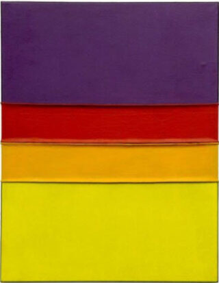 Four horizontal colored stripes in purple, red orange, and yellow from top to bottom.