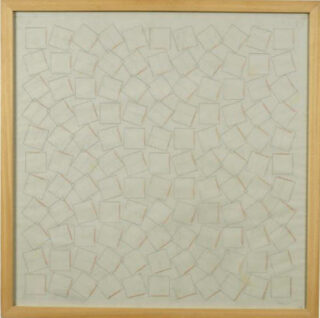A drawing featuring numerous squares arranged dynamically and irregularly across the surface.