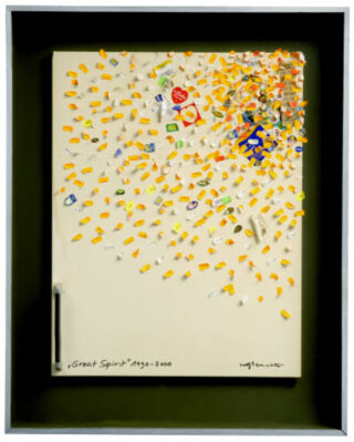 Artwork featuring many small, colored price labels, arranged on a white surface with handwritten text „Great Spirit” 1999-2000 below.