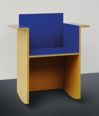 Modern rocking chair with blue backrest and wooden sides and seat.