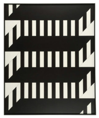 Black-and-white geometric composition, with three horizontal rows of white rectangles and diagonal white triangles in the corners on a black background.