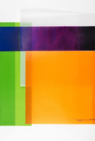 Abstract composition of overlapping colored rectangles in green, blue, violet, white and orange.