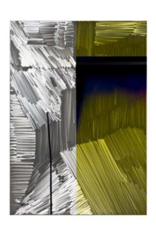 Abstract painting with diagonal and vertical brushstrokes in gray and yellow tones.