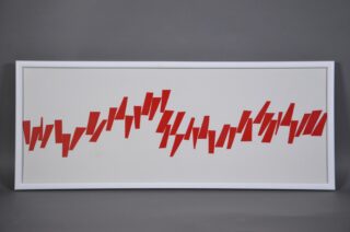 An abstract composition featuring red, diagonal rectangles on a white background, set in a white frame.
