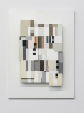 Abstract relief with rectangular and square shapes in various shades of gray and beige on a white background.
