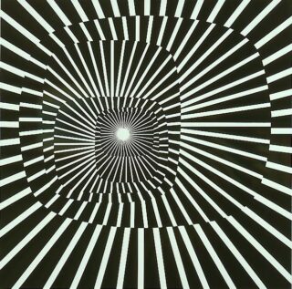 A black-and-white line drawing featuring concentric, radial stripes.