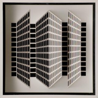 A black-and-white geometric grid featuring squares that appear to protrude from the surface, creating an optical illusion.