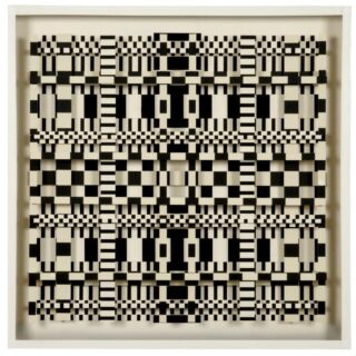 Black-and-white collage of various patterns with squares and stripes in a white frame.